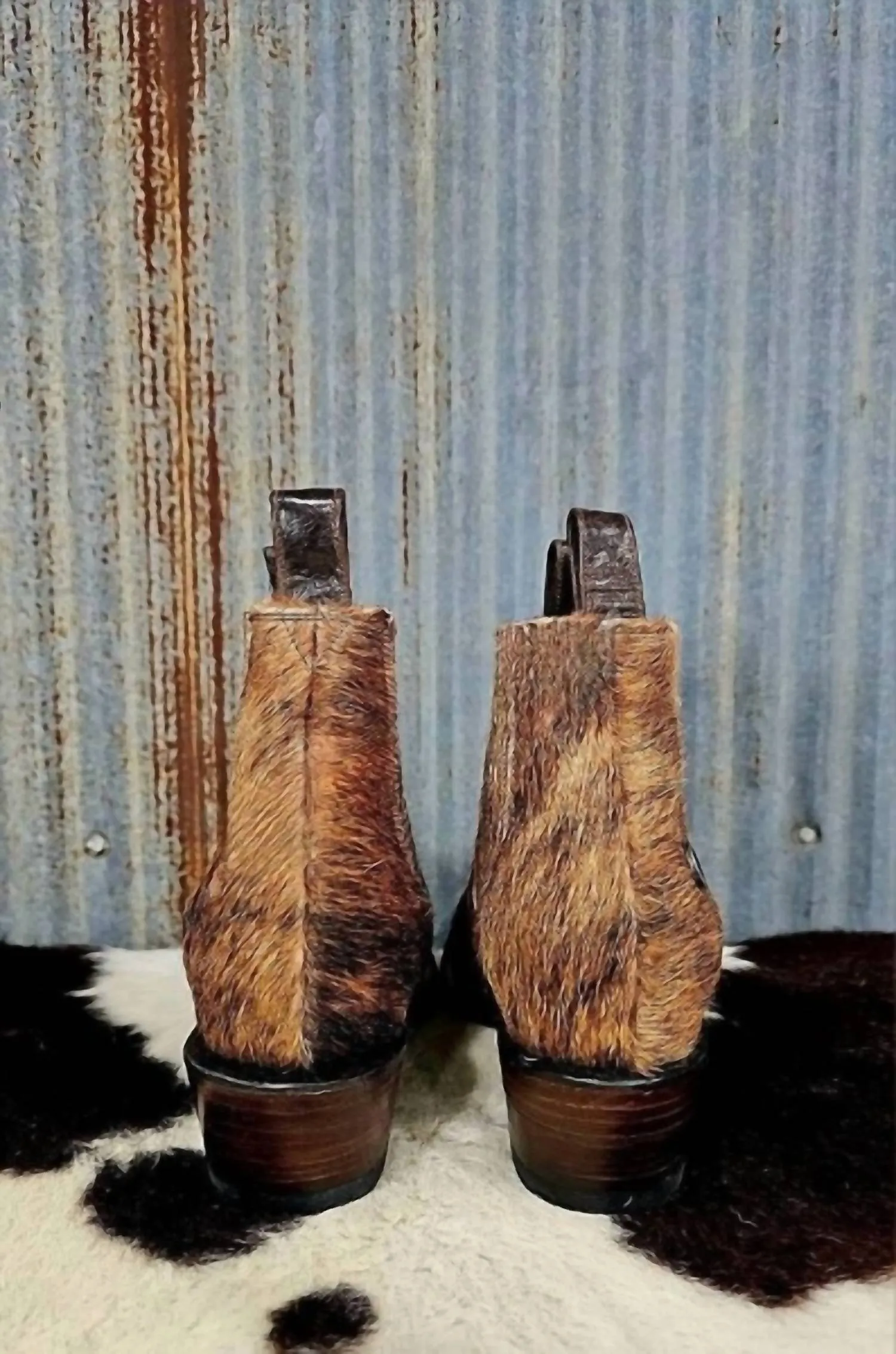 Aurora Brindle Cowhide Booties In Brown