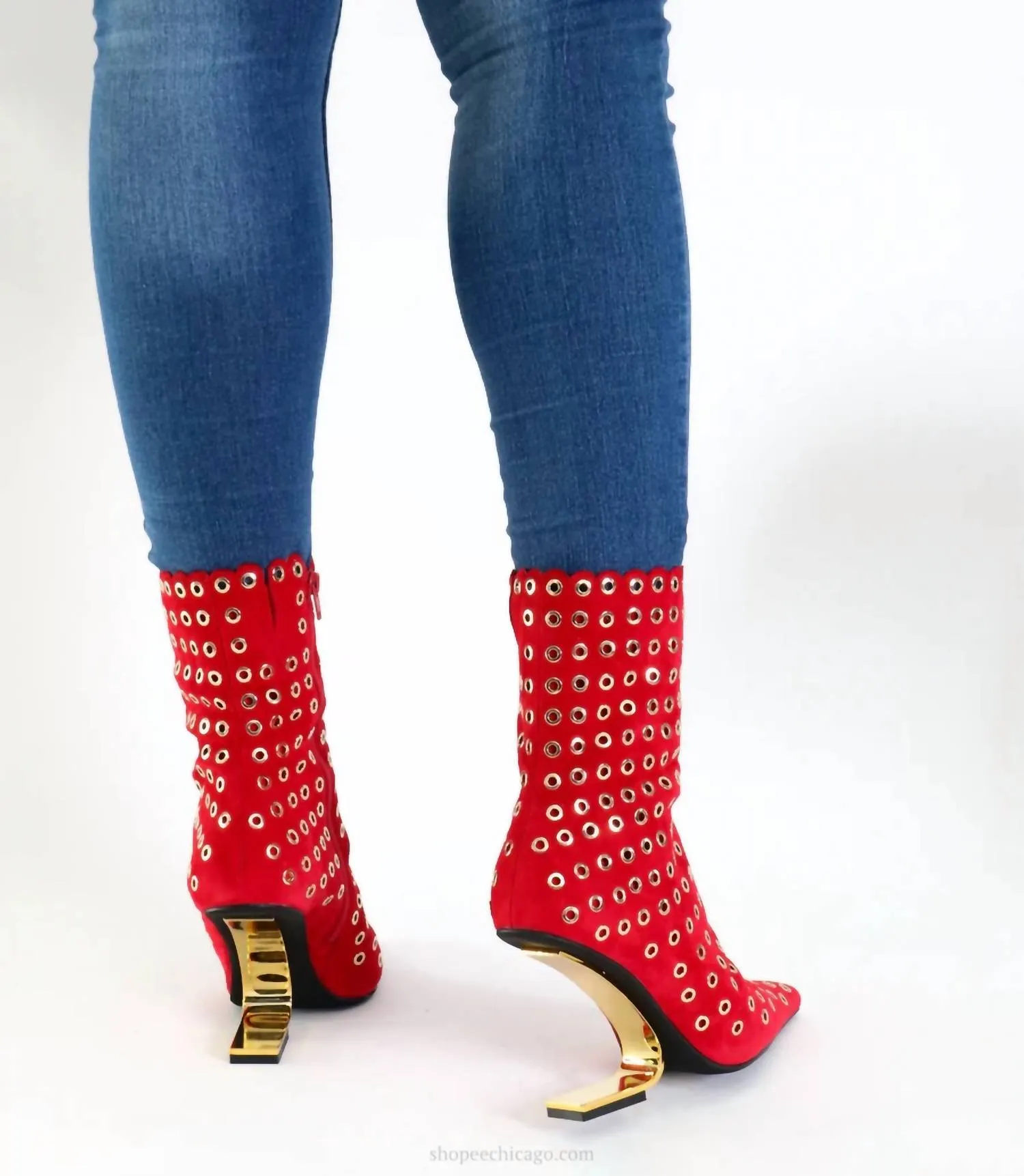 Compass-E Pointed Toe Boot In Red Suede Gold