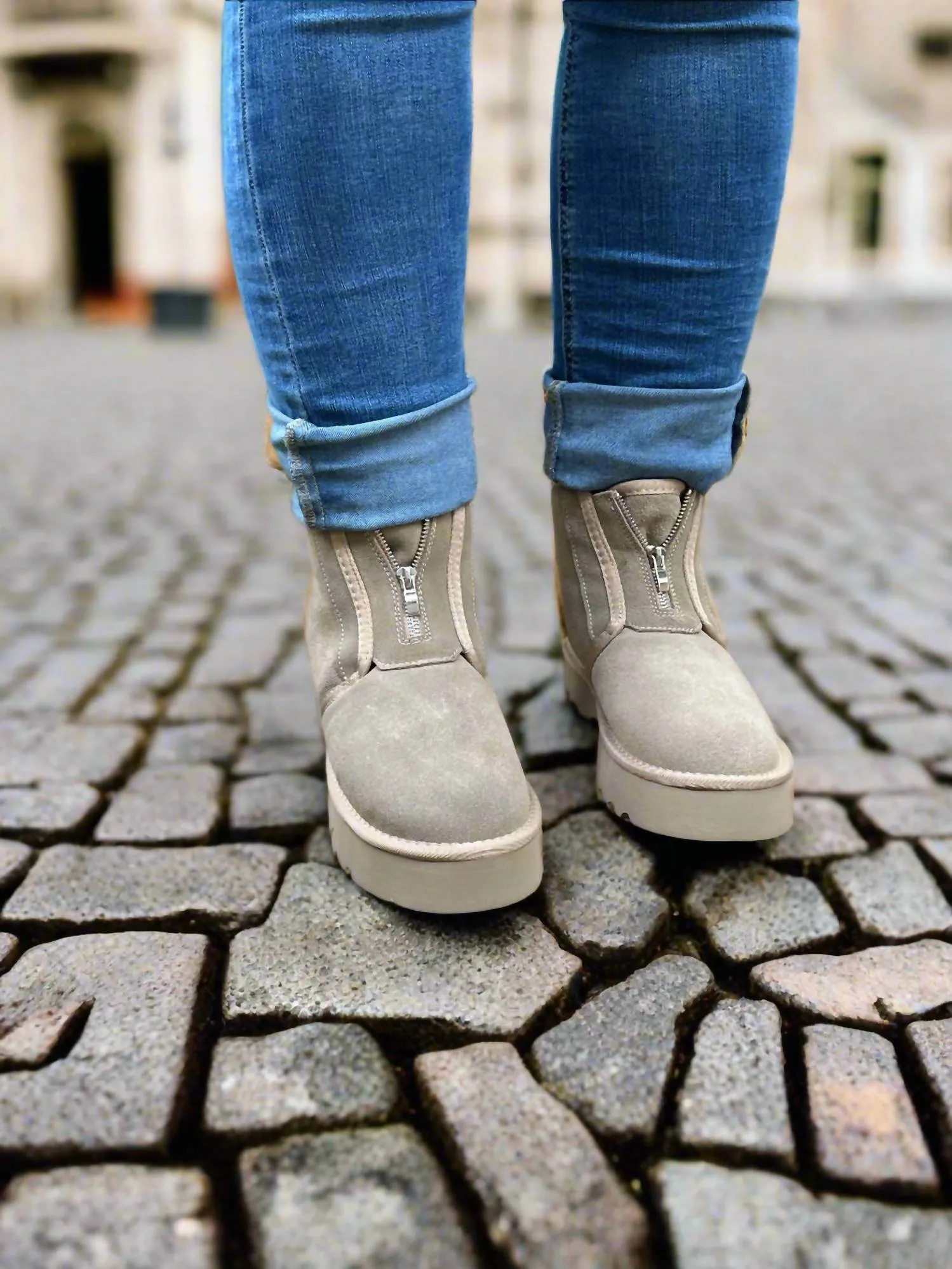 Cuddle Muffin Zipped Suede Booties In Taupe