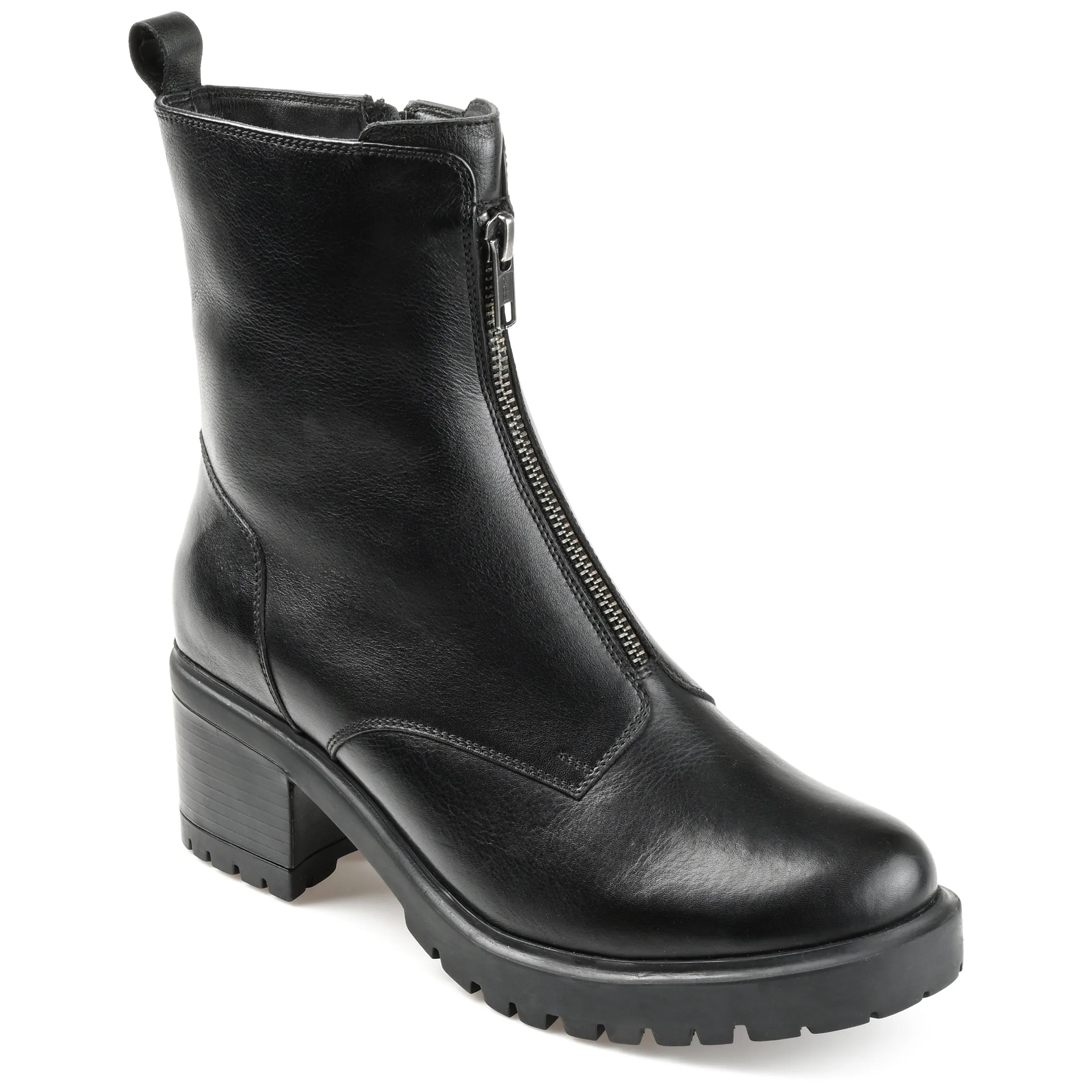Journee Signature Womens Genuine Leather Norrah Round Toe Stacked Combat Booties