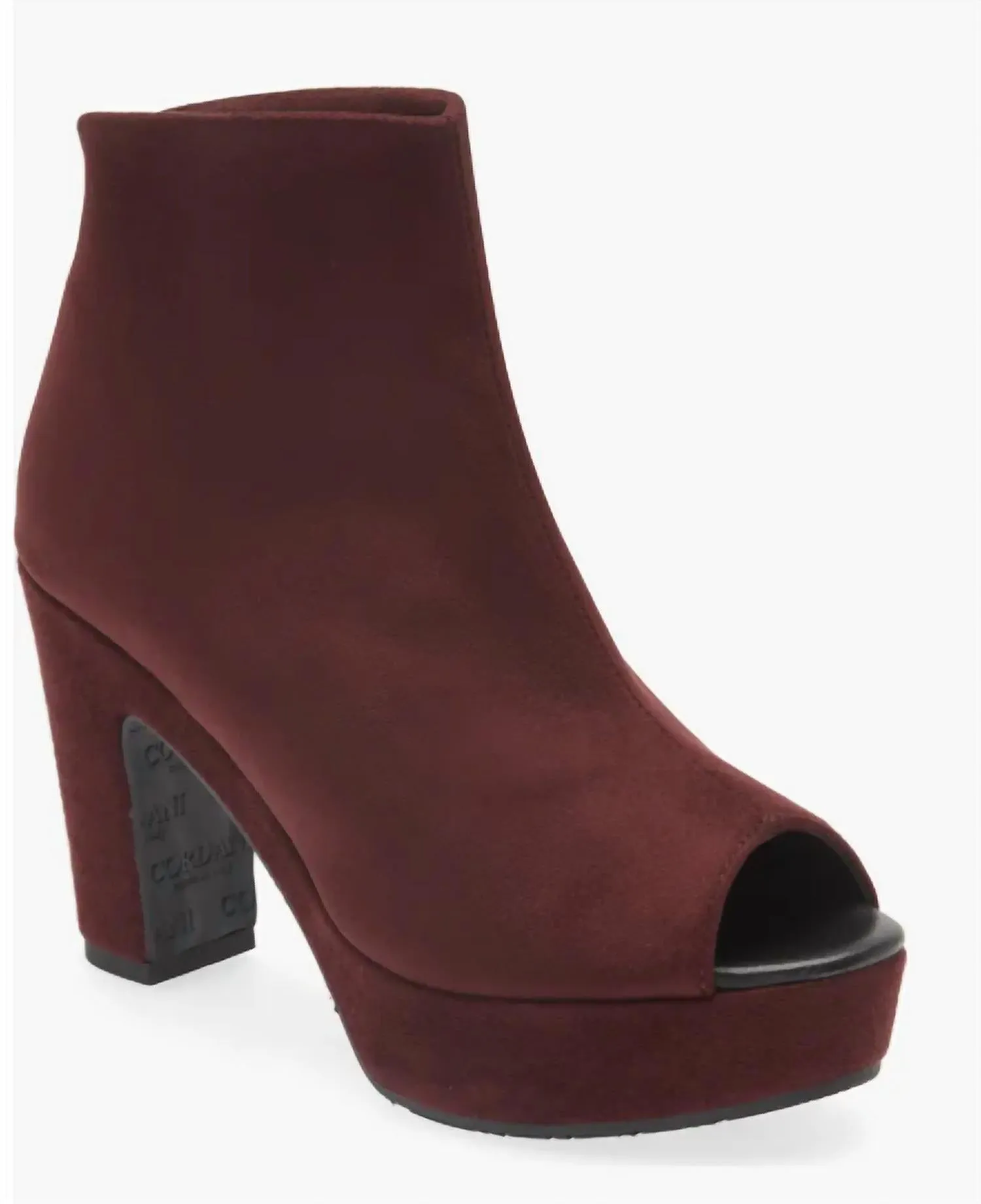 Tyra Peep Toe Platform Bootie In Bordo Stretch Suede