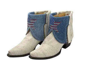 Women's Denim Flap With Rhinestone Star Boots In White
