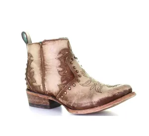 Women's Embroidered & Stud Round Toe Short Boot In Beige