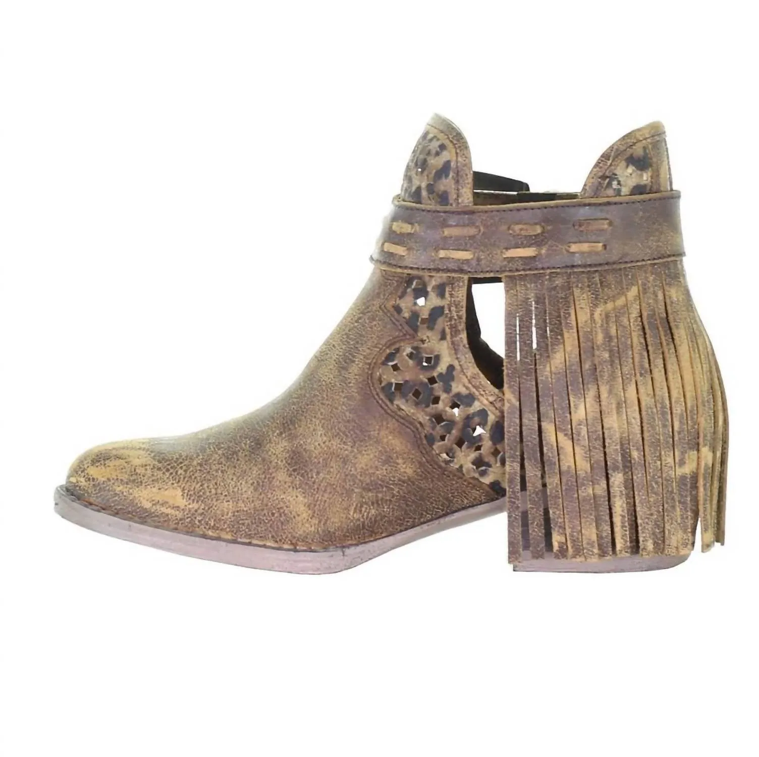 Women's Fringe Harness Shortie Boot In Distressed Brown