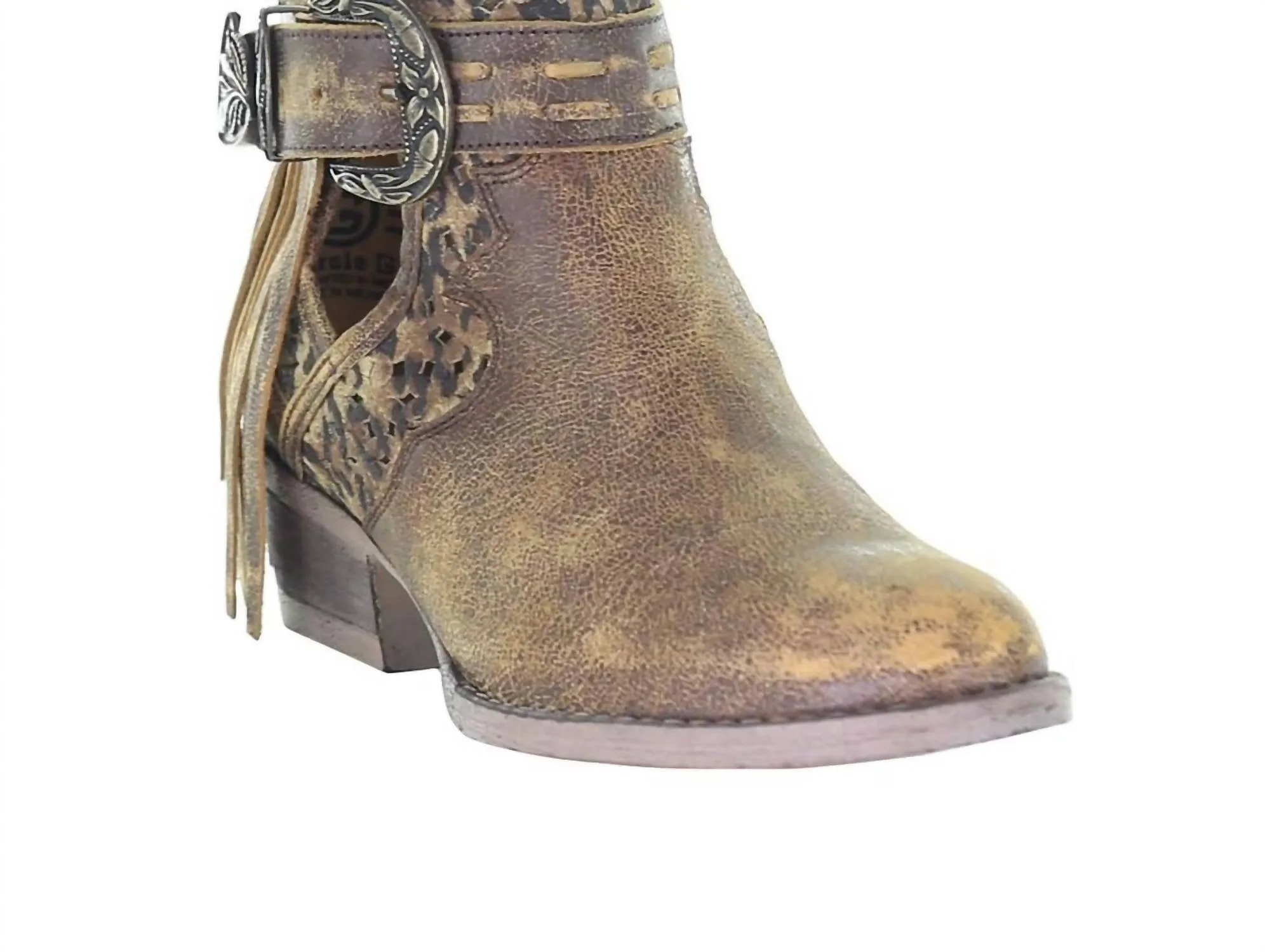 Women's Fringe Harness Shortie Boot In Distressed Brown