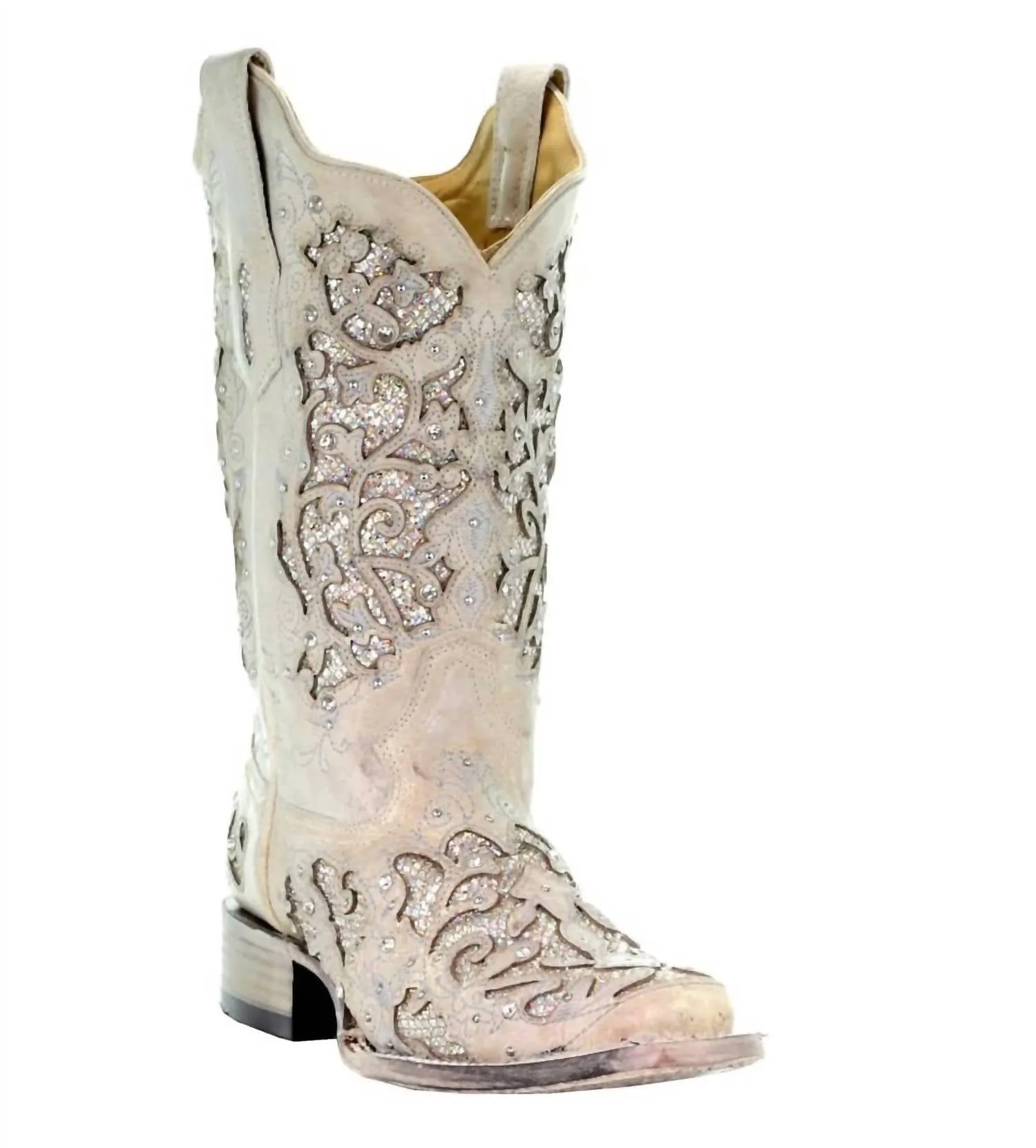 Women's Glitter Inlay Square Toe Cowboy Boots In White