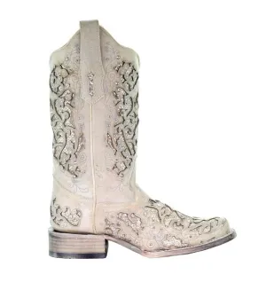 Women's Glitter Inlay Square Toe Cowboy Boots In White
