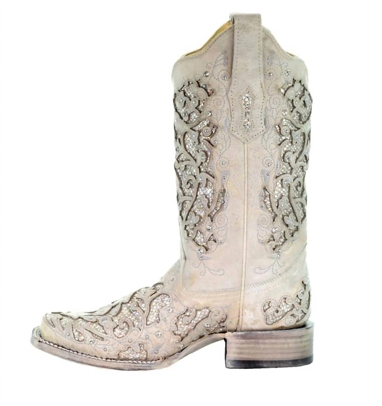 Women's Glitter Inlay Square Toe Cowboy Boots In White