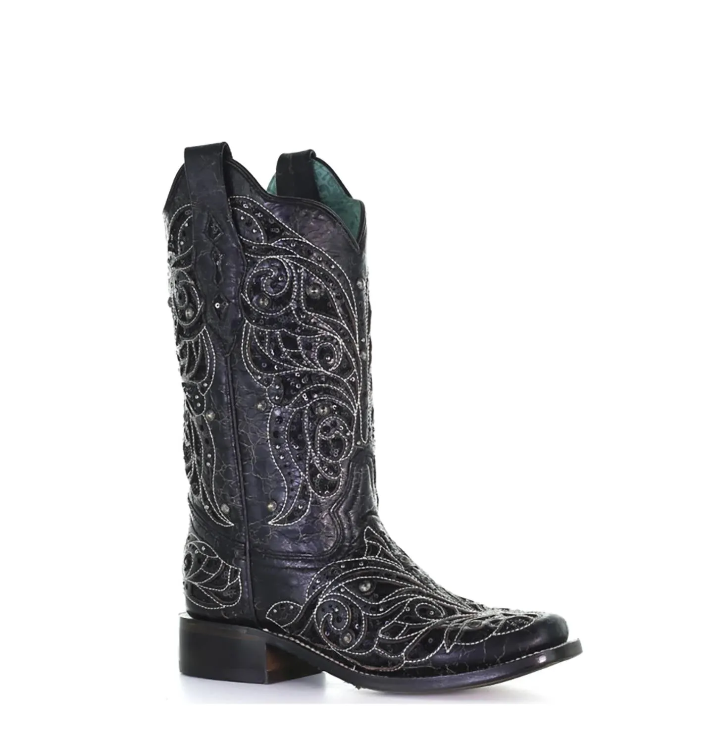 Women's Inlay Square Toe Boots In Black/bone
