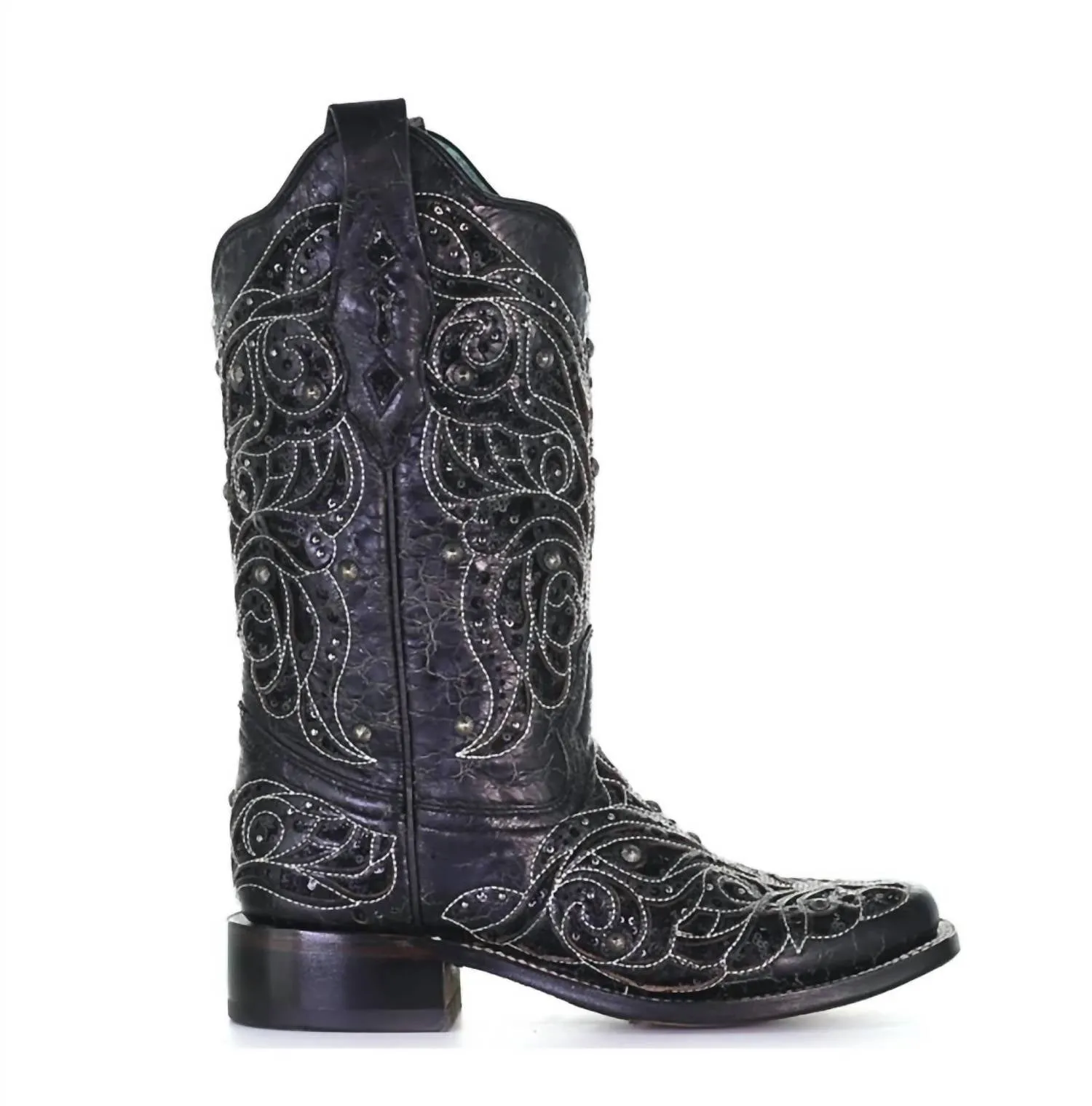 Women's Inlay Square Toe Boots In Black/bone