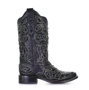 Women's Inlay Square Toe Boots In Black/bone