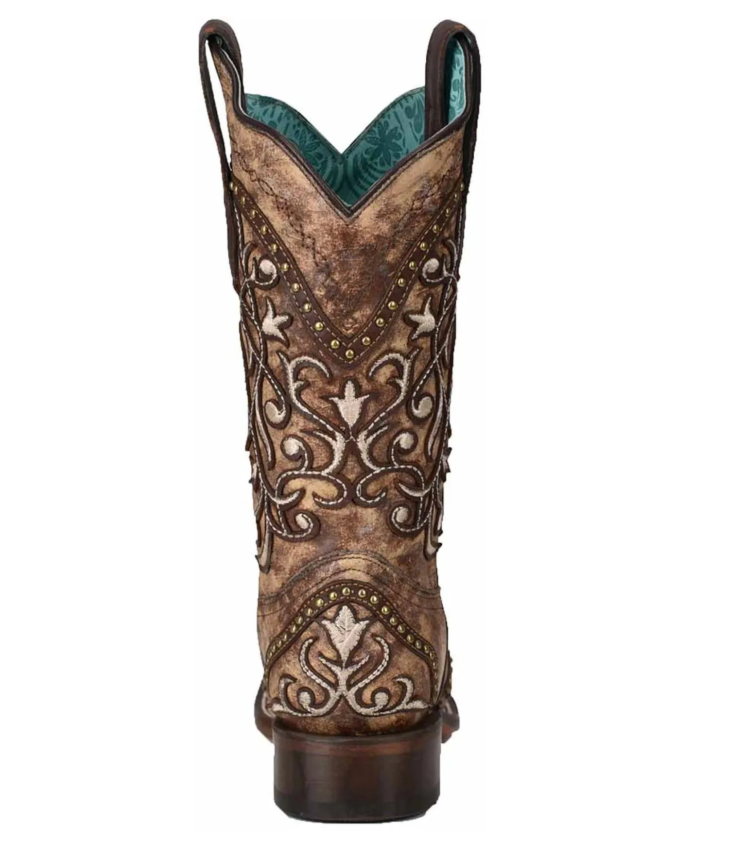 Women's Overlay With Studs Square Toe Boots In Taupe