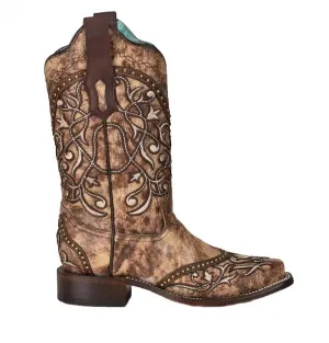 Women's Overlay With Studs Square Toe Boots In Taupe
