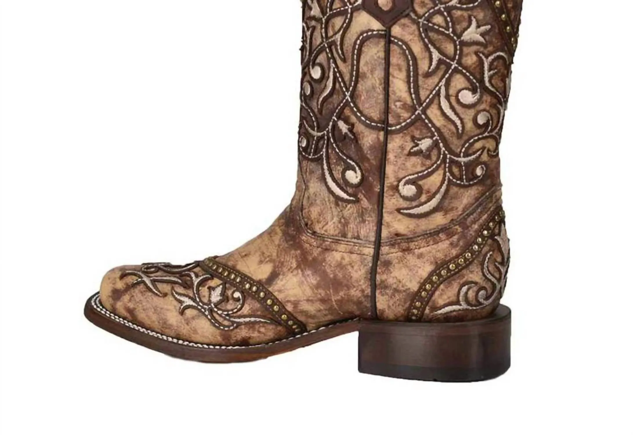 Women's Overlay With Studs Square Toe Boots In Taupe