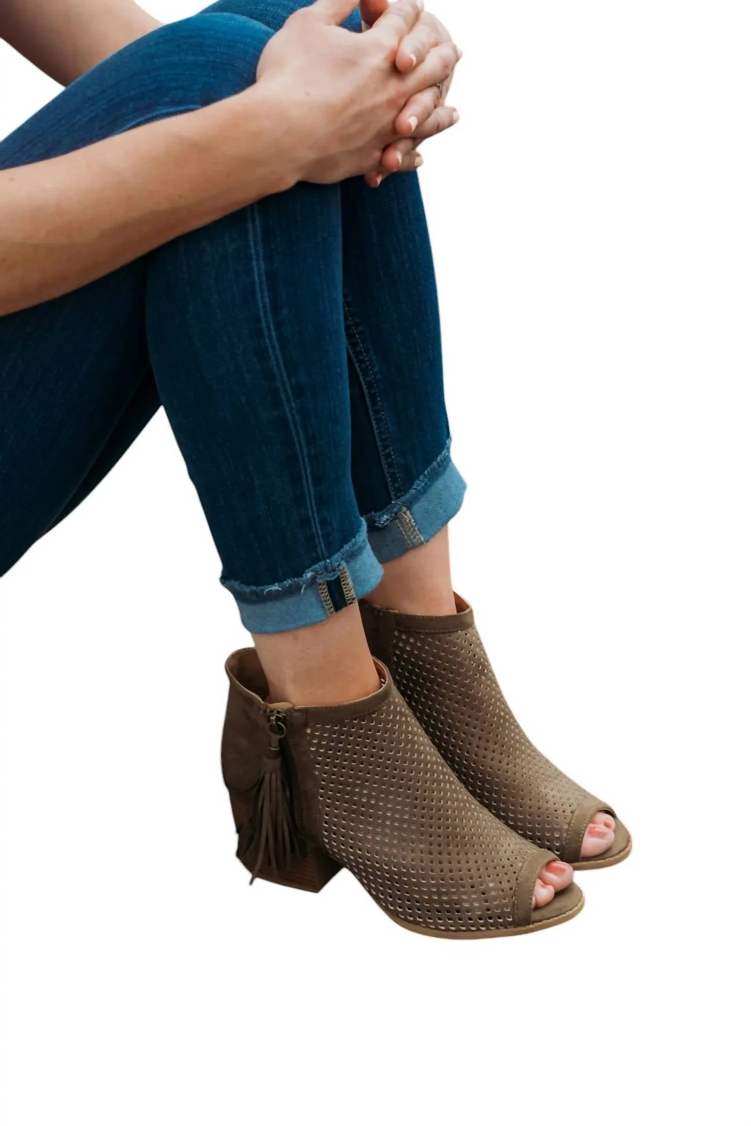 Women's Perforated Peep Toe Booties In Khaki