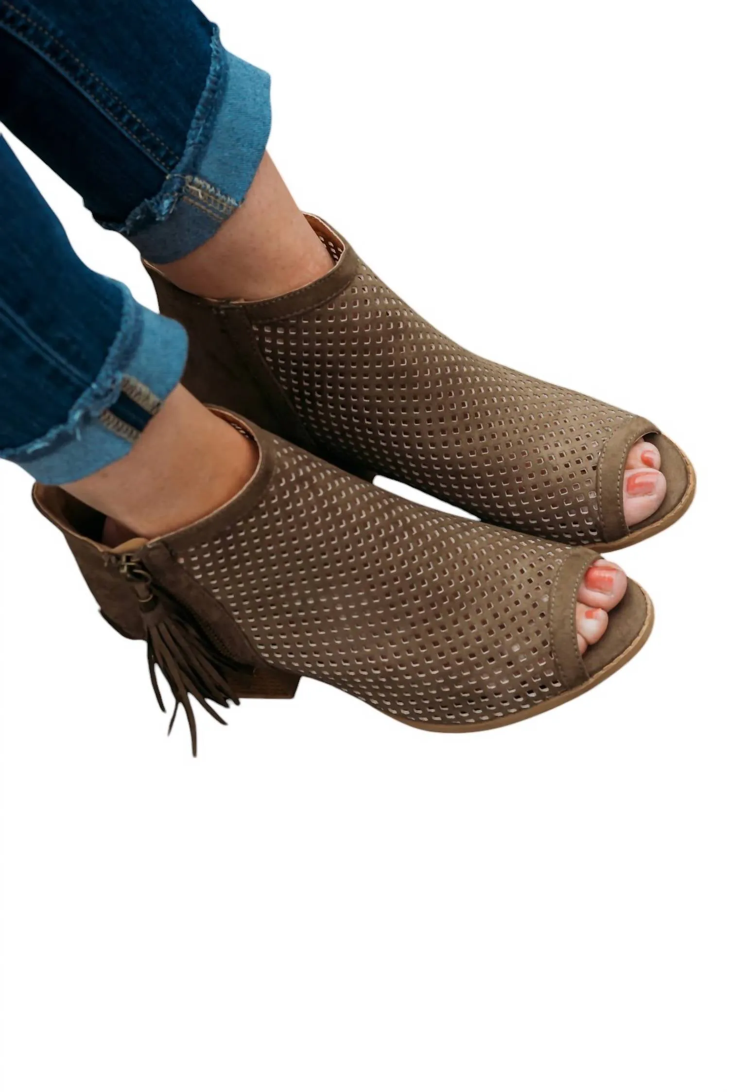 Women's Perforated Peep Toe Booties In Khaki