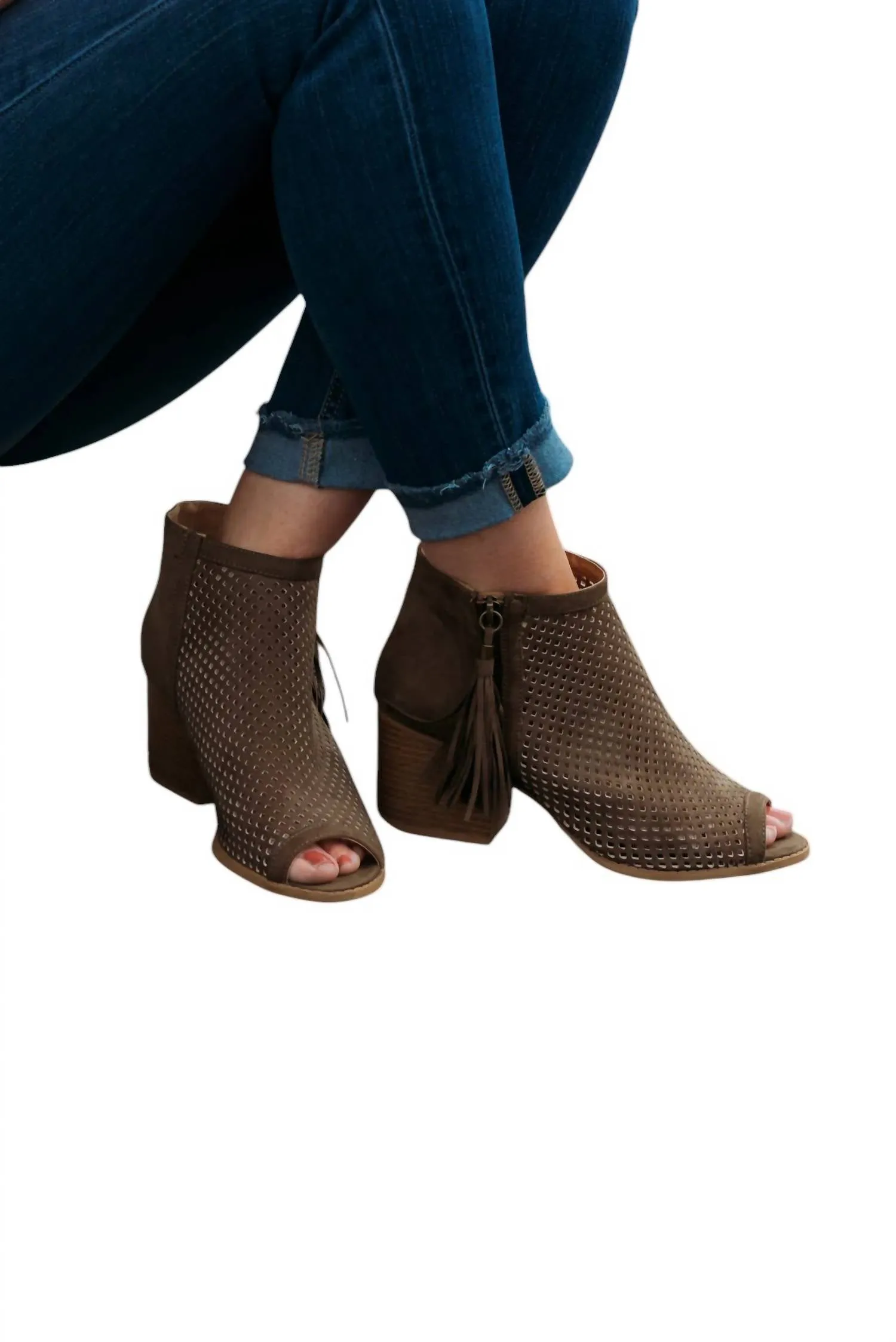 Women's Perforated Peep Toe Booties In Khaki